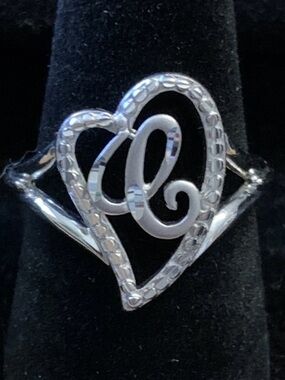 Sterling Silver Heart Initial 'C' Letter Ring - Silver